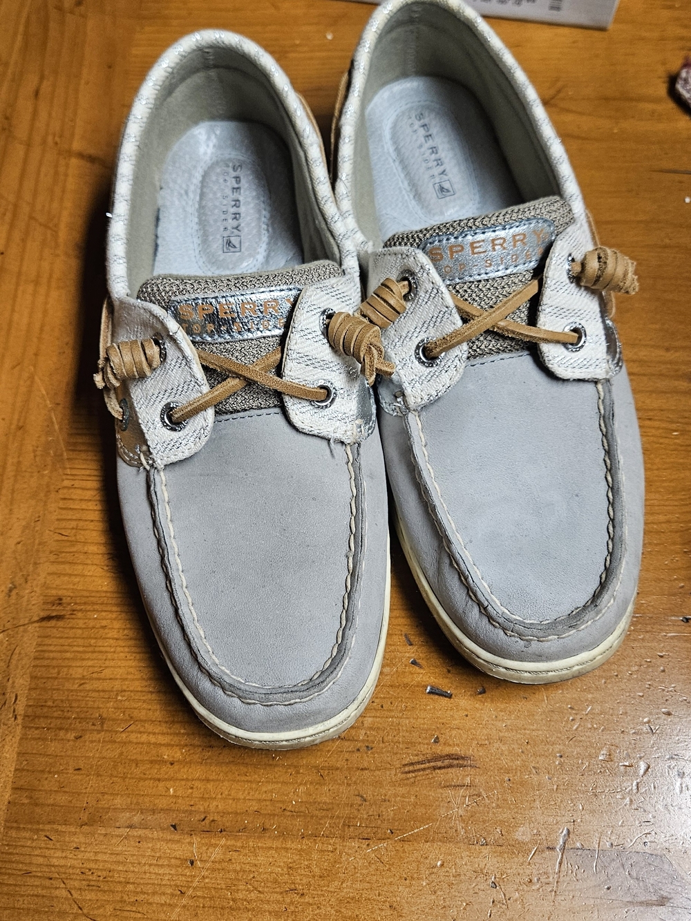 Sperry Light Gray Leather Boat Shoes with Tan Laces
